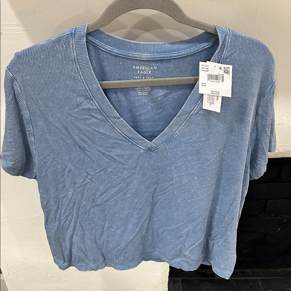 American Eagle Outfitters Light Blue Ribbed Croppes V-Neck Tee